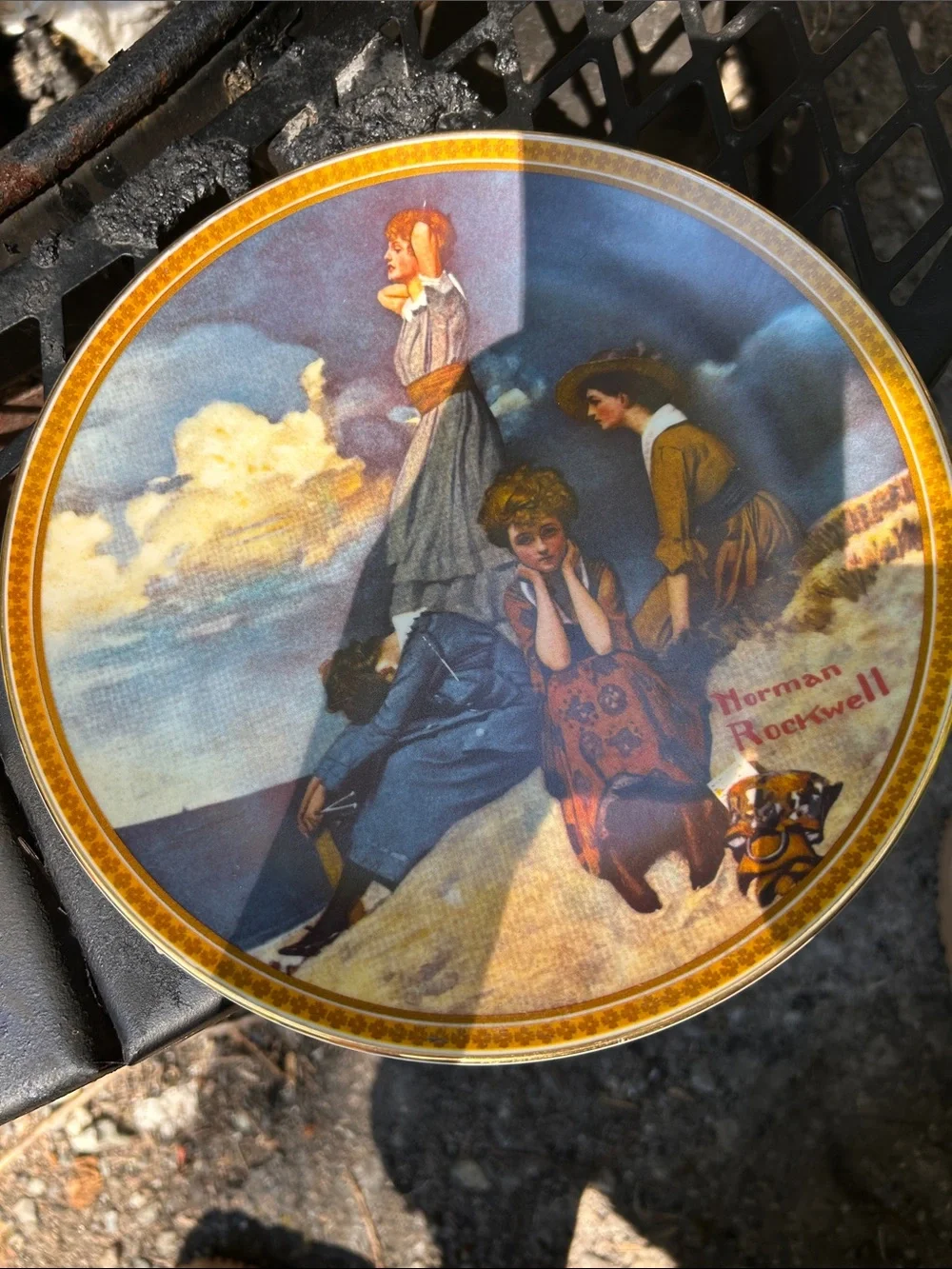 Norman Rockwell Round Decorative Plate in Blue, Gold, Brown and Cream